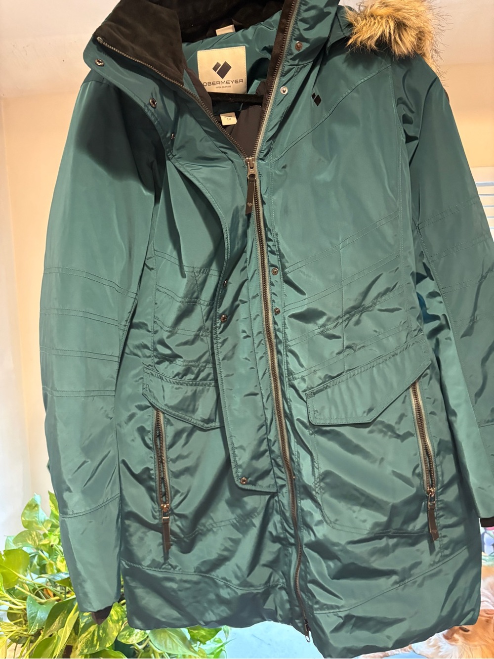 Obermeyer Teal Long Insulated Puffer Coat with Faux Fur Hood
